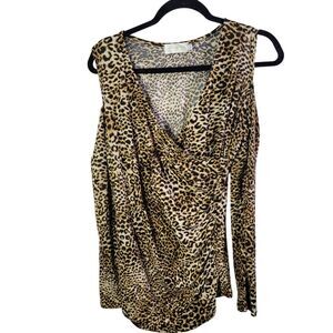 Marry Fuu Womens Sz L Brown Animal Print Long Sleeve Cold Shoulder Blouse